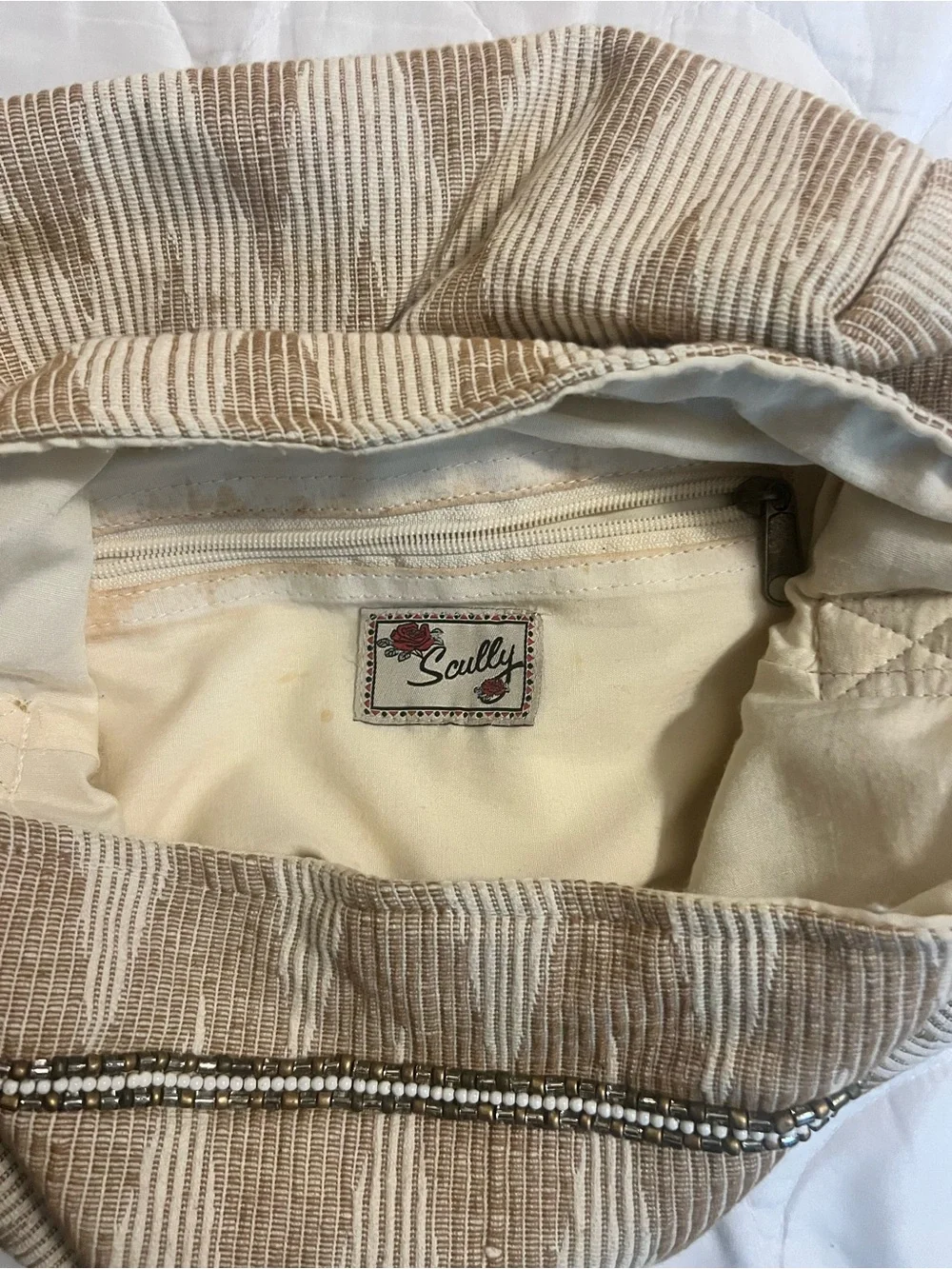 Scully Cream and Beige Embellished Shoulder Bag